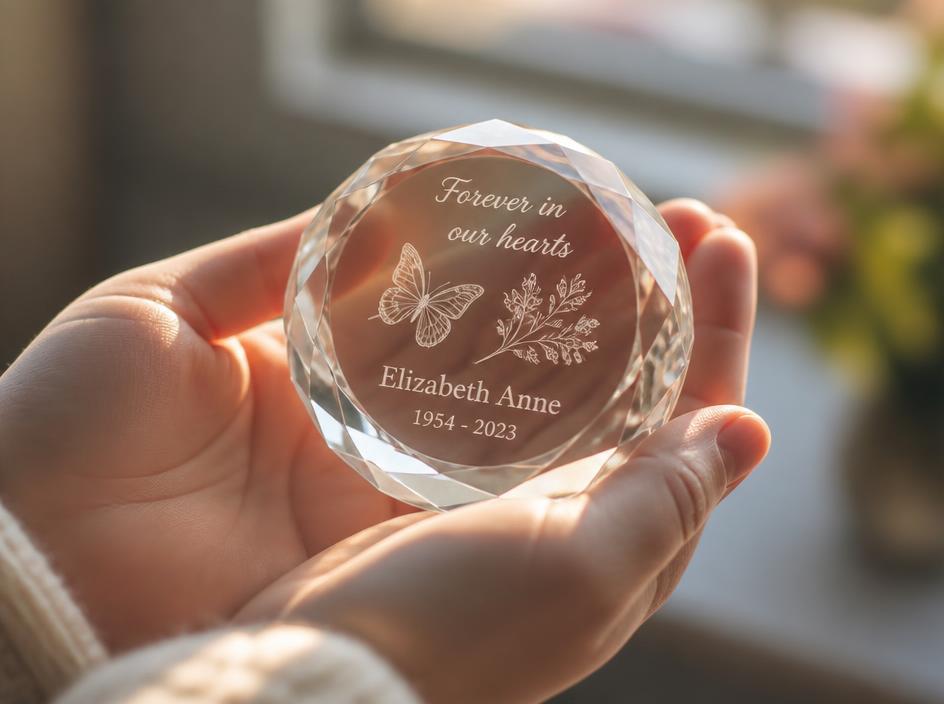 Engraved crystal keepsake held in hands